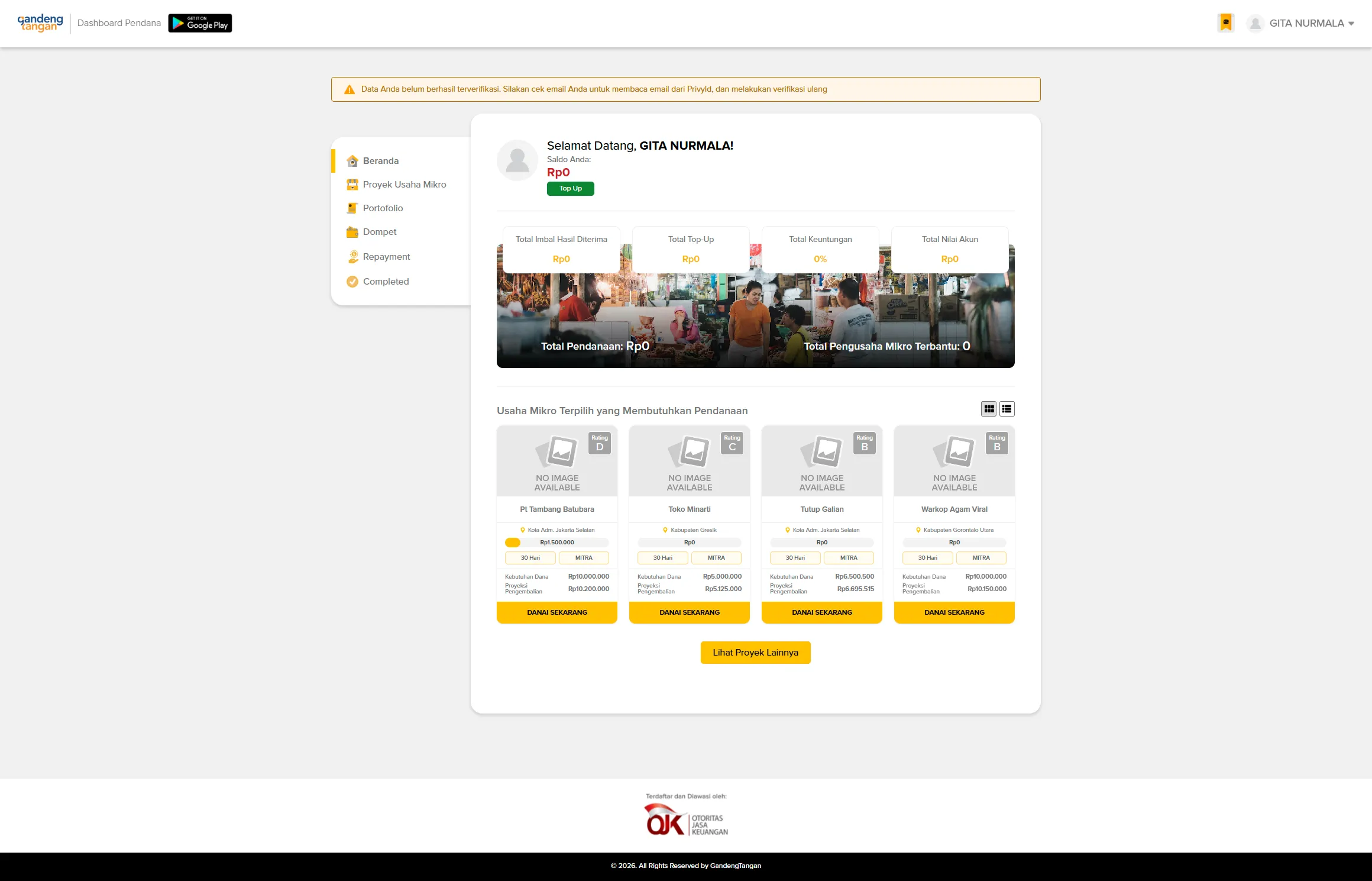 GandengTangan lender dashboard with account overview, funding portfolio, and microbusiness projects