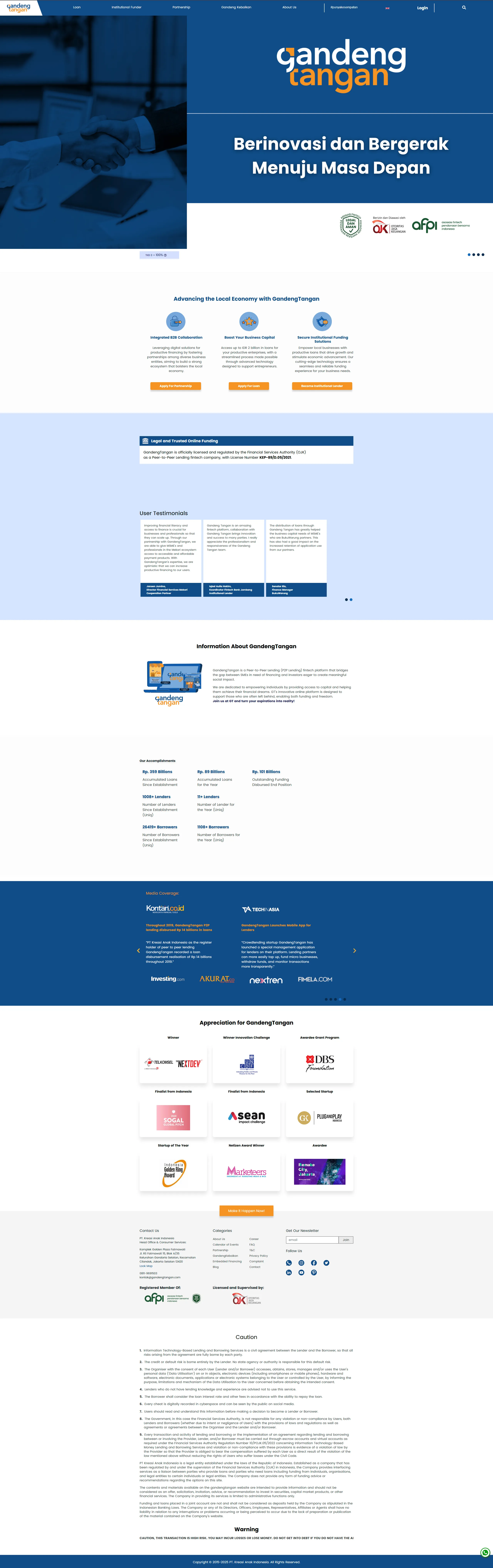 GandengTangan website presenting business financing and institutional funding