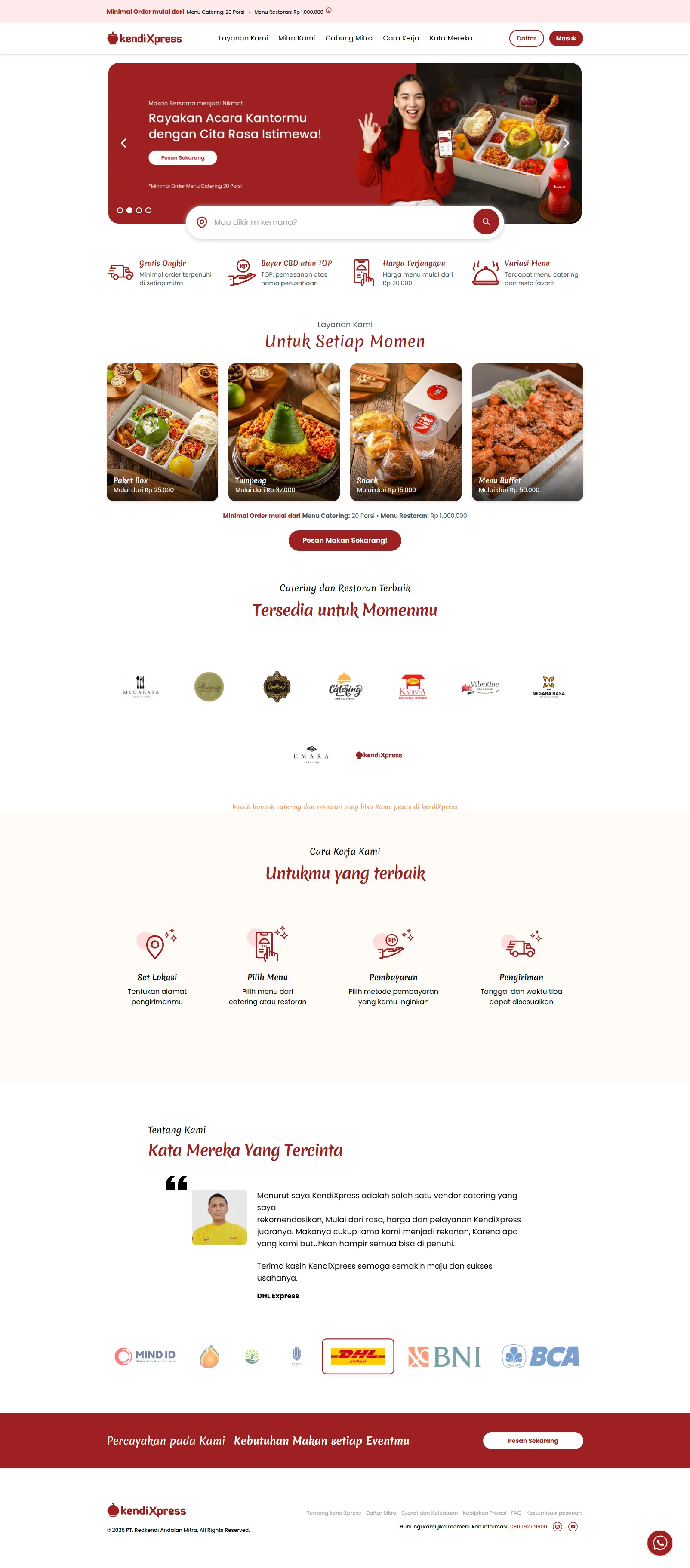 KendiXpress catering website with menus, ordering steps, and customer testimonials