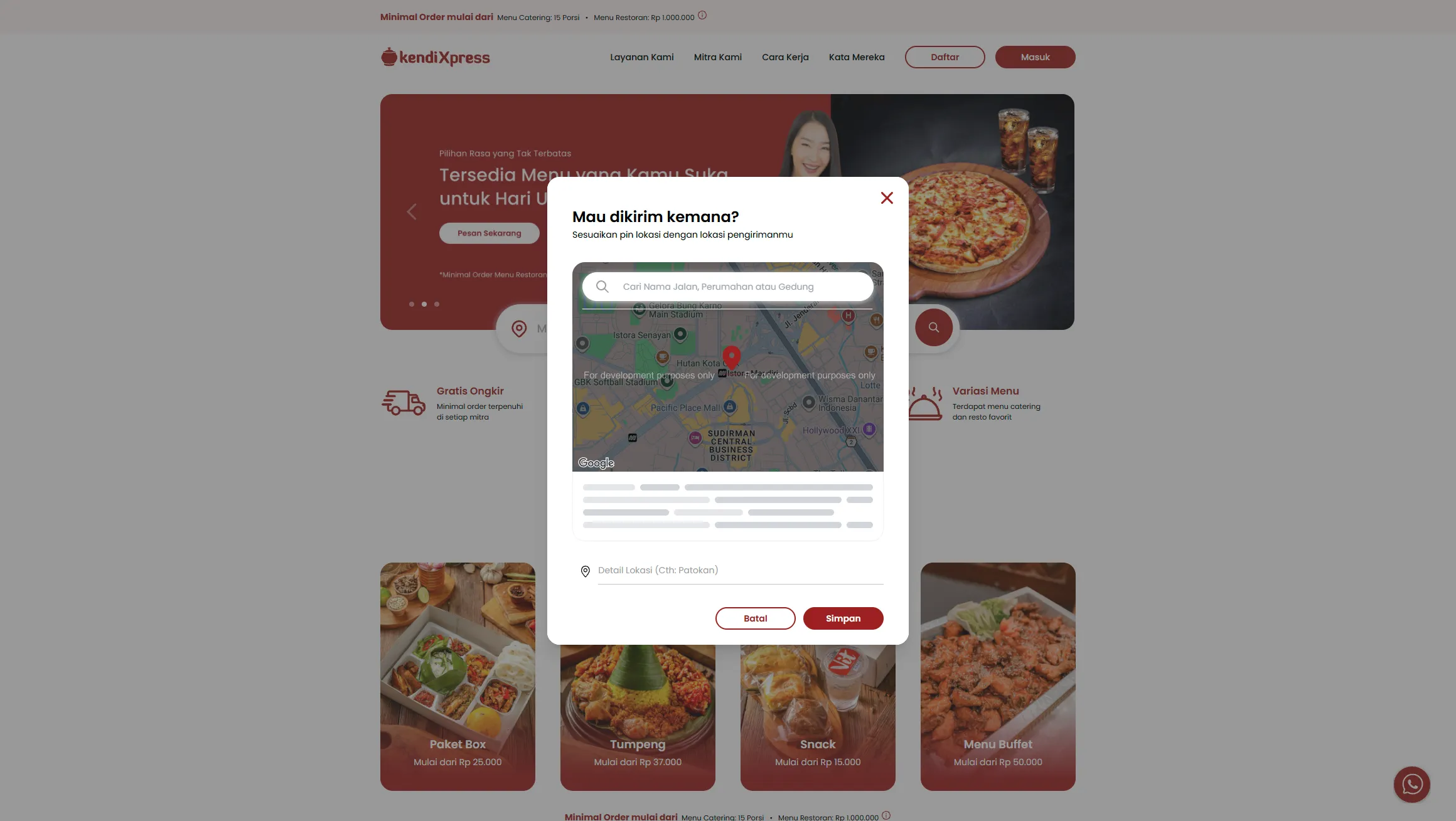 KendiXpress delivery-location dialog with map search and address selection