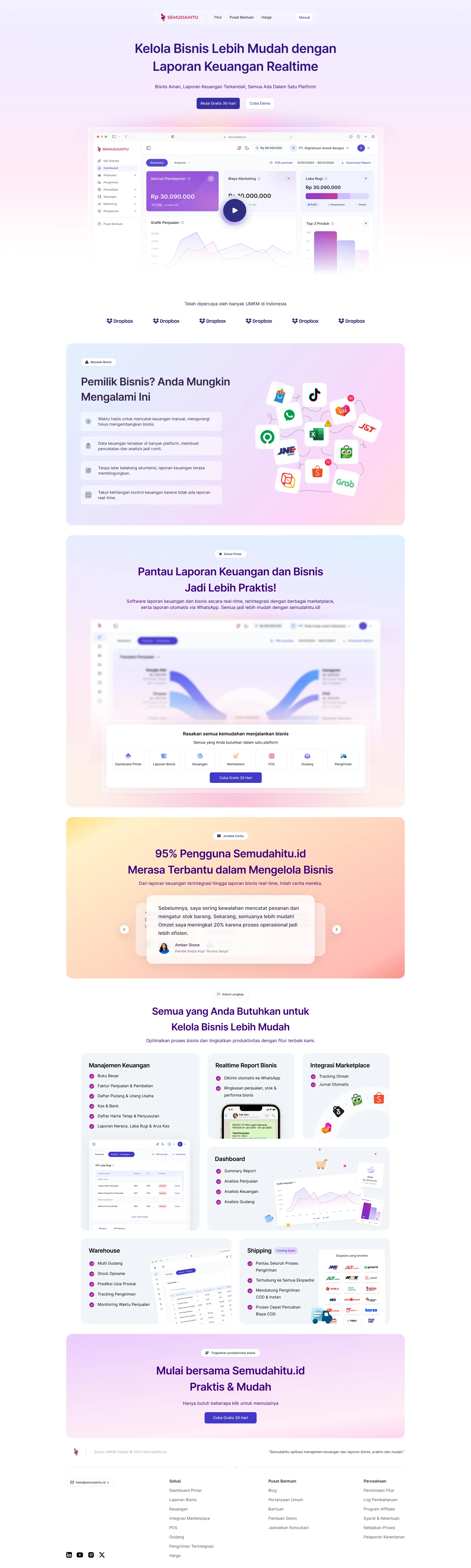 Semudahitu landing page with financial reporting features and product previews
