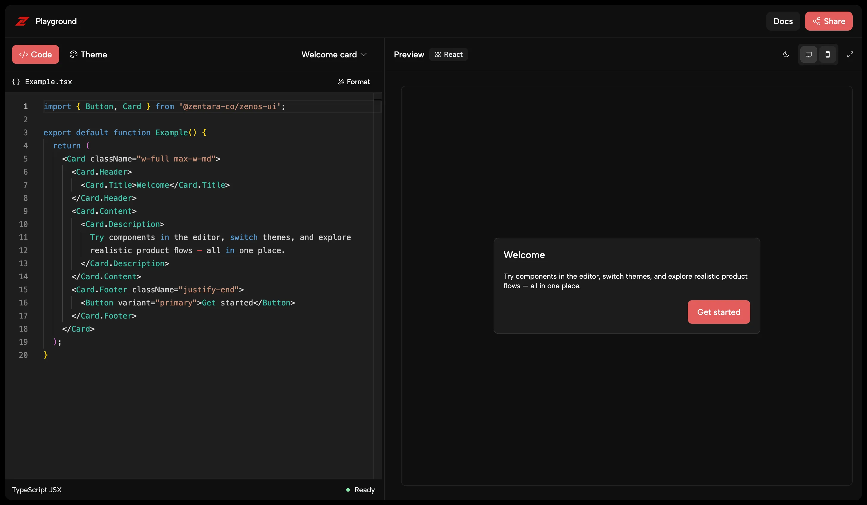 Zenos playground with an editable React code example and a live welcome card preview